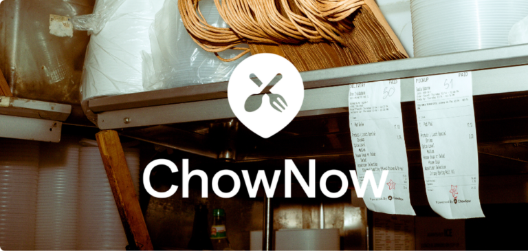 ChowNow logo over a restaurant kitchen scene with printed order tickets hanging above the line.